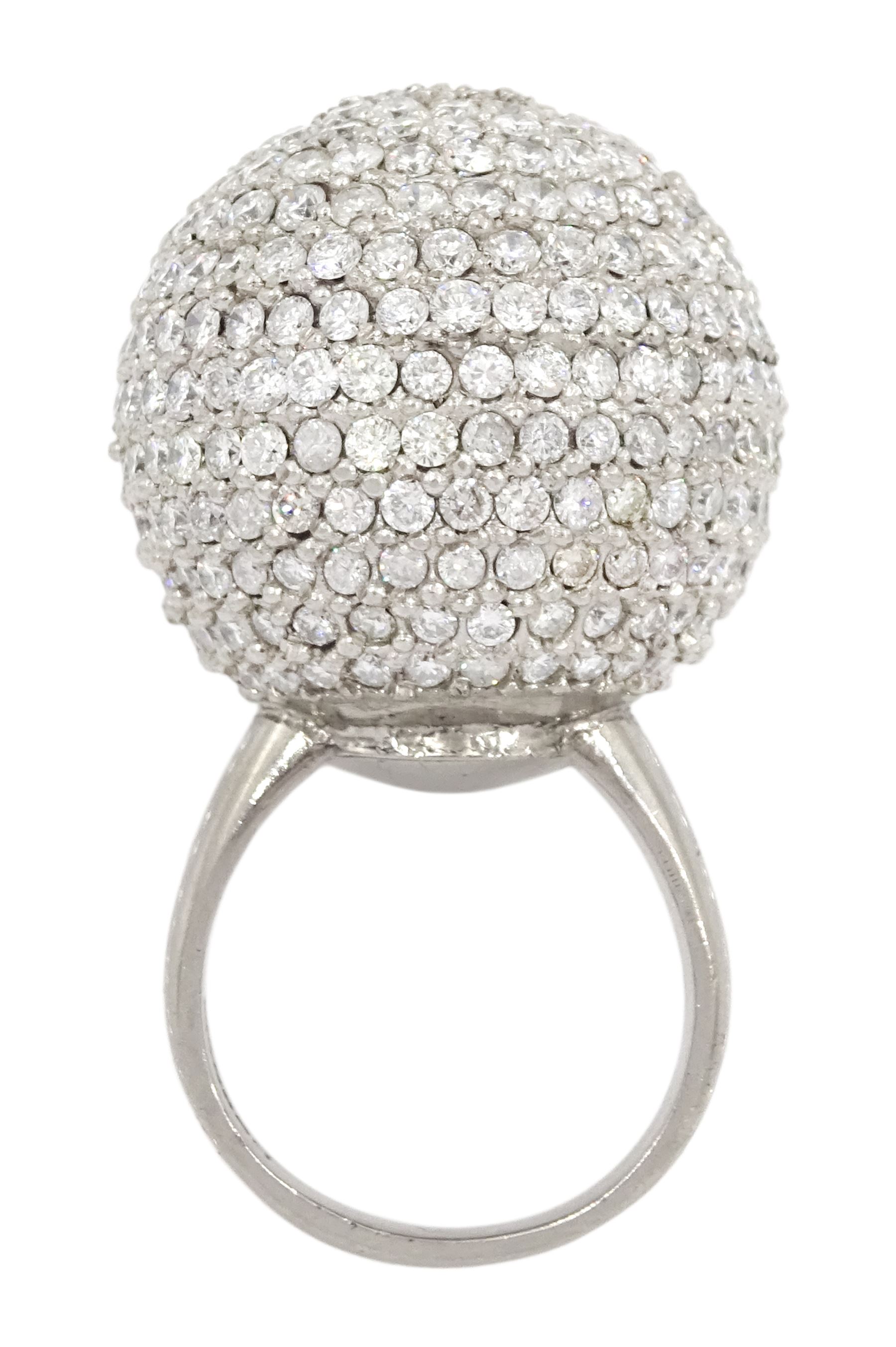 Palladium pave set round brilliant cut diamond ball ring, hallmarked, total diamond weight approx 15.00 carat