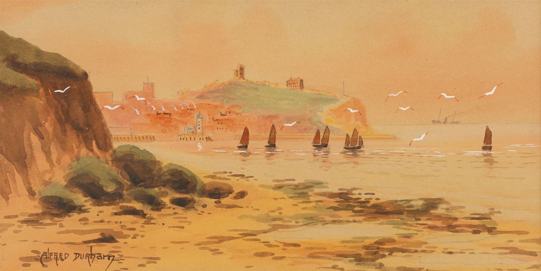 Austin Smith (British fl.1913-1928): Sailboats off Scarborough, pair of watercolours signed; together with Alfred Durham (British 19th century): Coastal Views of Scarborough, set of three watercolours heightened with white signed and one dated 1907 max 18cm x 32cm (5)