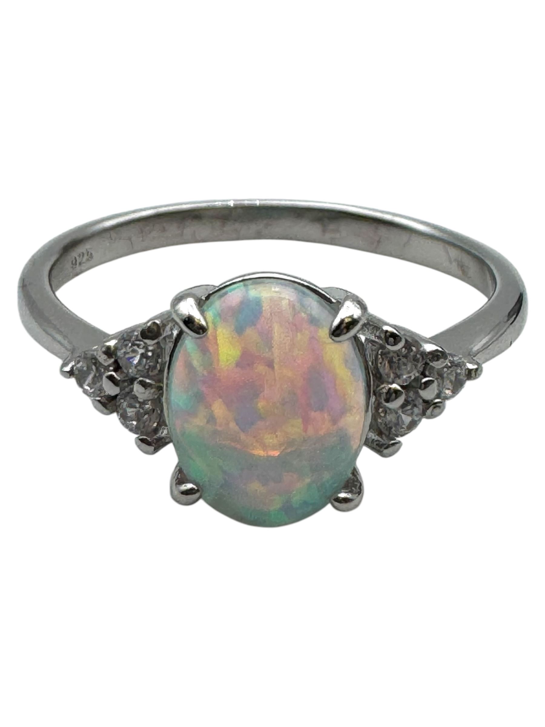 Silver cubic zirconia and opal cluster ring, boxed