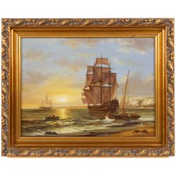 Continental School (20th Century): Shipping Scenes, two oils on panel and one on canvas variously signed in gilt frames, largest 29cm x 38cm (3)