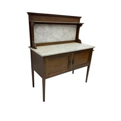 Edwardian mahogany washstand, raised marble back and marble top, fitted with panelled cupboards, on square tapering supports