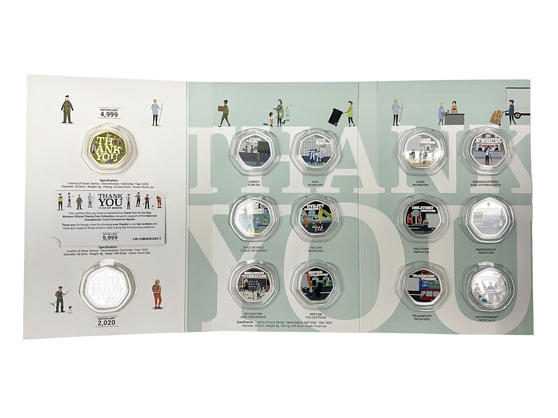 'Thank You To Our Key Workers Official Charity Coin Collection' comprised of fourteen Queen Elizabeth II Samoa half dollar coins including one minted in fine silver, the others being plated, housed in the official folder
