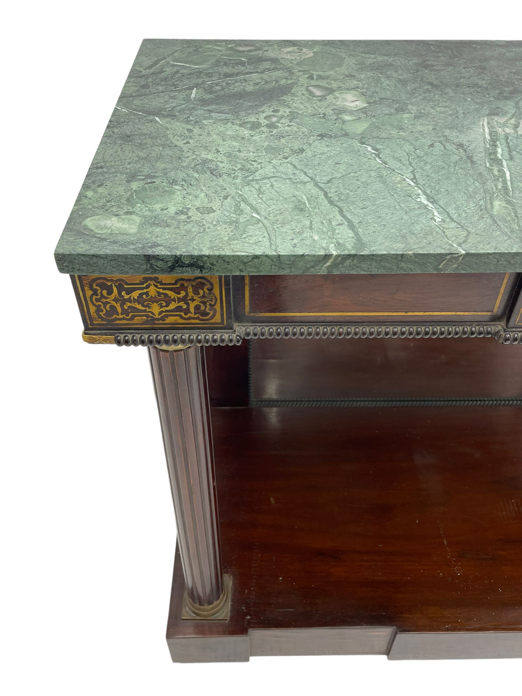 Late 19th century mahogany console or pier table, rectangular green marble top over a break-front frieze inlaid with brass scroll work panels, reed and ribbon gilt metal and wooden beaded applied mouldings, on turned and fluted front supports, plain mirror back over plinth platform base
