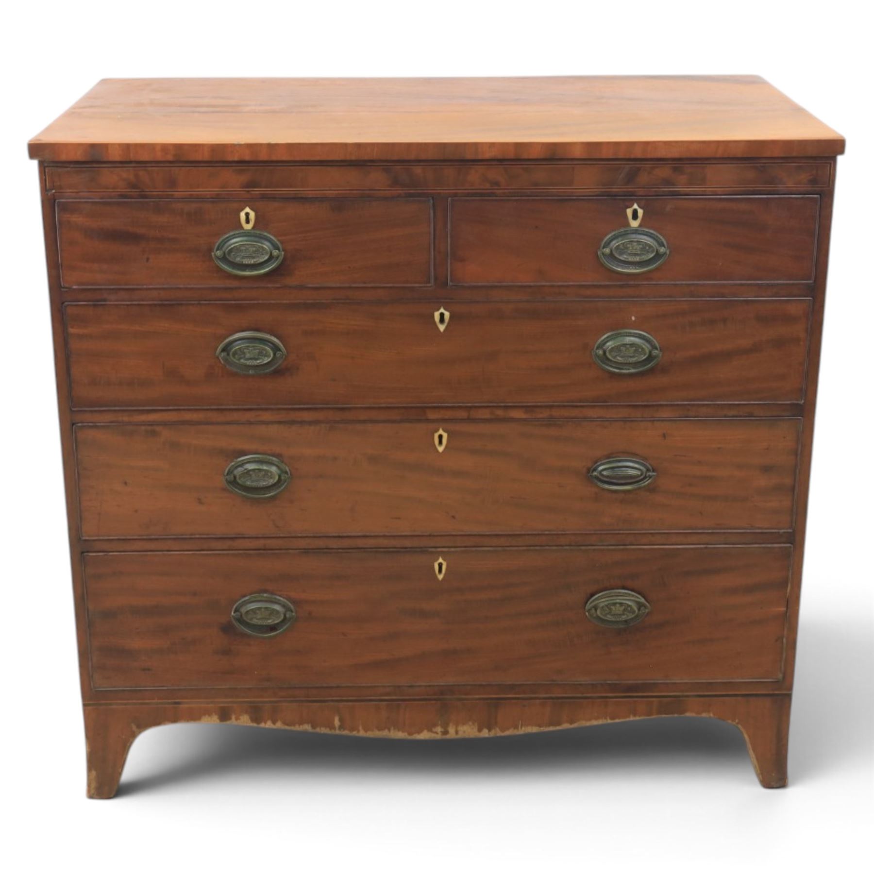 19th century mahogany chest, two short over three long drawers with brass handles, raised on shaped feet