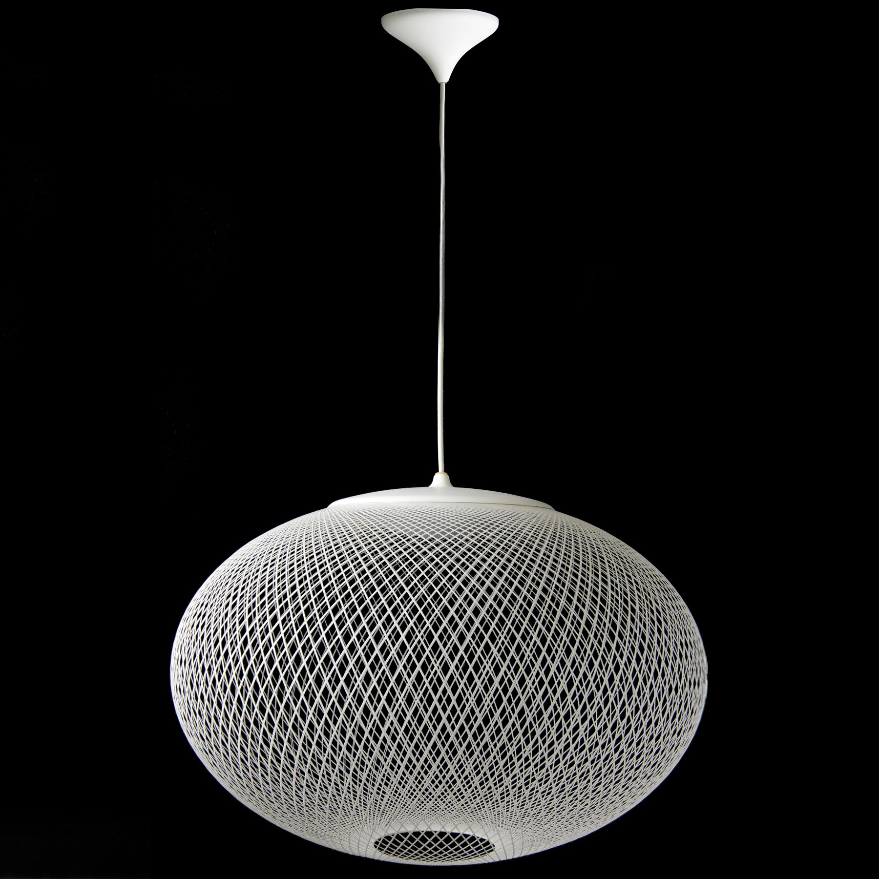 Moooi - NR2 pendant light, circular openwork shade formed from fine white threads in a complex woven lattice, enclosing an internal light source, suspended from a white cable and ceiling rose