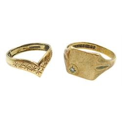 Gold signet ring set with a diamond and a gold wishbone ring, both hallmarked 9ct
