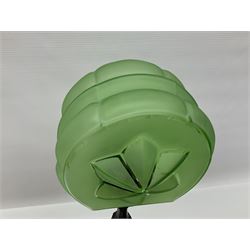 Art Deco style bronzed and gilded spelter figural table lamp with green Uranium glass shade; H48cm, another table lamp; and a bisque group