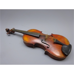  Early 20th century French violin with 36cm one-piece maple back (split) and ribs and spruce top, bears label ' Antonius Stradiuarius Cremonensis Faciebat Anno 1719 A+S', L59cm overall, in carrying case with two bows  