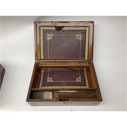 Two Victorian mahogany brass banded writing boxes, and a further Victorian rosewood work box decorated with mother of pearl inlay, largest L39.5cm (3)