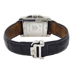 Baume Mercier Hampton gentleman's stainless steel chronograph quartz wristwatch, black dial with date aperture, on black leather strap and original fold-over clasp, boxed with papers