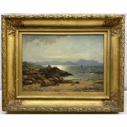 Duncan Cameron (Scottish 1837-1916): 'Arran from the Ayrshire', oil on canvas signed, original title label verso 24cm x 34cm 
Provenance: private collection, purchased John Swan Limited Auctioneers 28th November 2013 Lot 46