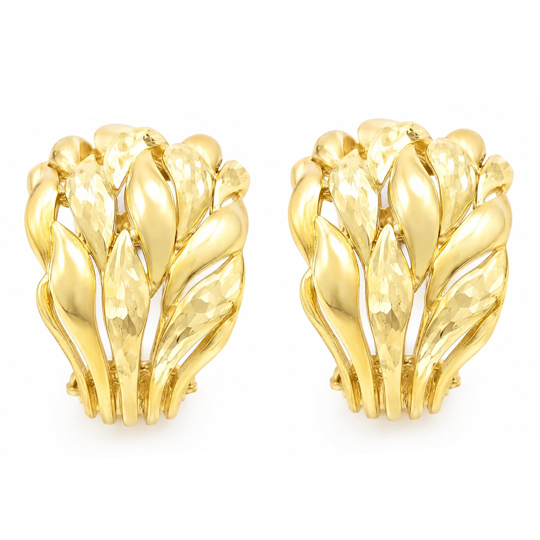 Pair of 18ct gold textured and polished leaf design hoop earrings, stamped 750