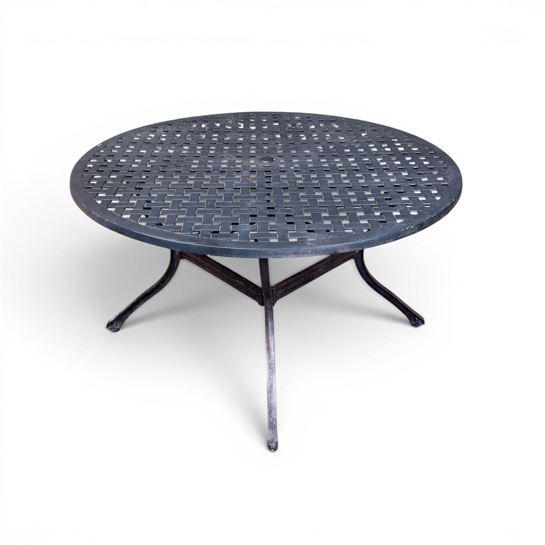 LeisureGrow - cast aluminium circular garden table, lattice design top, black finish; and six matching chairs with openwork back, complete with seat cushions and adjustable parasol