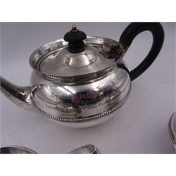 1920s silver three piece bachelors tea service, comprising teapot, with Bakelite handle and finial, milk jug and twin handled open sucrier, each with beaded rim and girdle, all with presentation engravings to body, hallmarked Charles Boyton & Son Ltd, London 1926, teapot H11cm