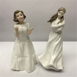 Seven Royal Doulton figures, comprising Sara HN2265, Lorraine HN4301, Mary HN3375, Olivia HN5114, Charlotte HN4092, Josephine HN4223 and Rachel HN4780, together with five smaller Royal Doulton figures (12)