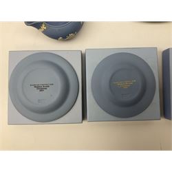 Late 19th century pale blue Wedgwood Jasperware cheese dome with cover, decorated with acorn and oak leaf bands surrounding neo-classical ladies, cherubs, flowers and trees, impressed Wedgwood mark beneath, together with further Wedgwood Jasperware teapots, boxed dishes etc