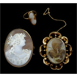  Gold mounted cameo brooch, Victorian gold mounted mounted mourning brooch, both unmarked and a cameo ring, stamped 18ct  