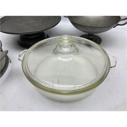 Argent pewter hammered twin handled dish, together with a Craftmans footed dish  and another pewter dish with a Pyrex dish