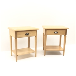  Pair Laura Ashley sycamore bedside tables, single drawer, turned tapering supports, solid undertier, W52cm, H61cm, D40cm  