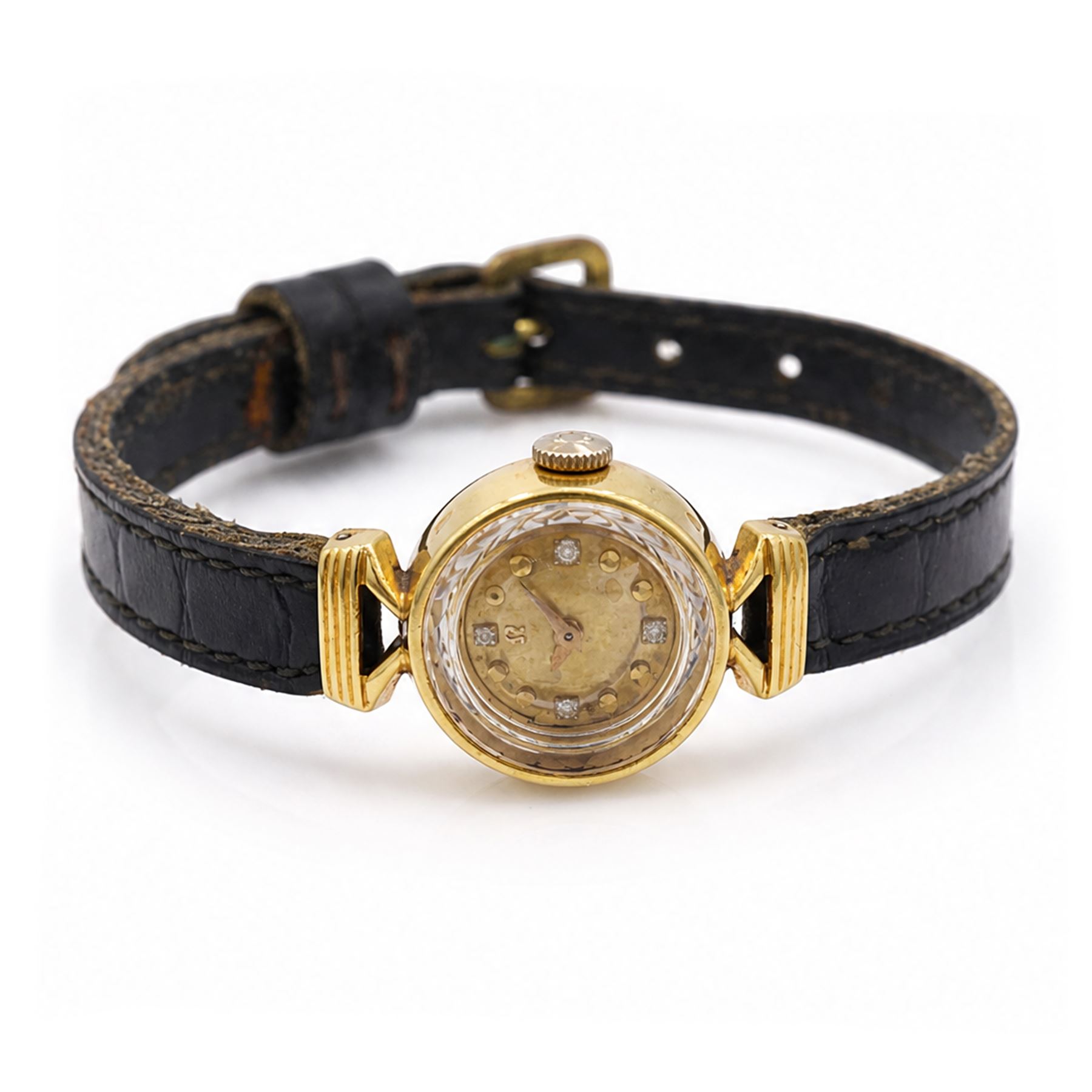 Omega ladies 18ct gold manual wind wristwatch, Cal. 483, gilt dial with diamond and dot hour markers, Helvetia hallmark,