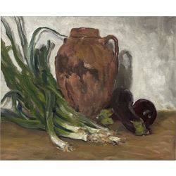 Neil Tyler (British 1945-): Still Life 'Leeks and Spanish Pot', oil on canvas signed, titled verso 49cm x 59cm