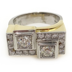  18ct white and yellow gold diamond geometric ring, set with two old cut diamonds of approx 1 carat, hallmarked  