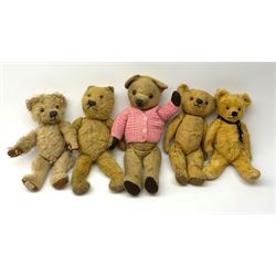 Five English teddy bears 1930s-50s including Chad Valley with swivel jointed head, glass type eyes and vertically stitched nose and mouth and jointed limbs with felt paw pads H14