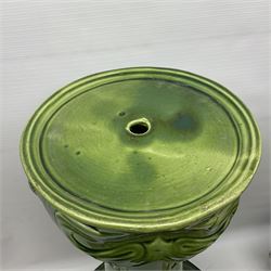 Jardiniere and stand, the jardiniere modelled as a pale, the stand with foliate and foliage decoration on a green ground, stand H73cm 