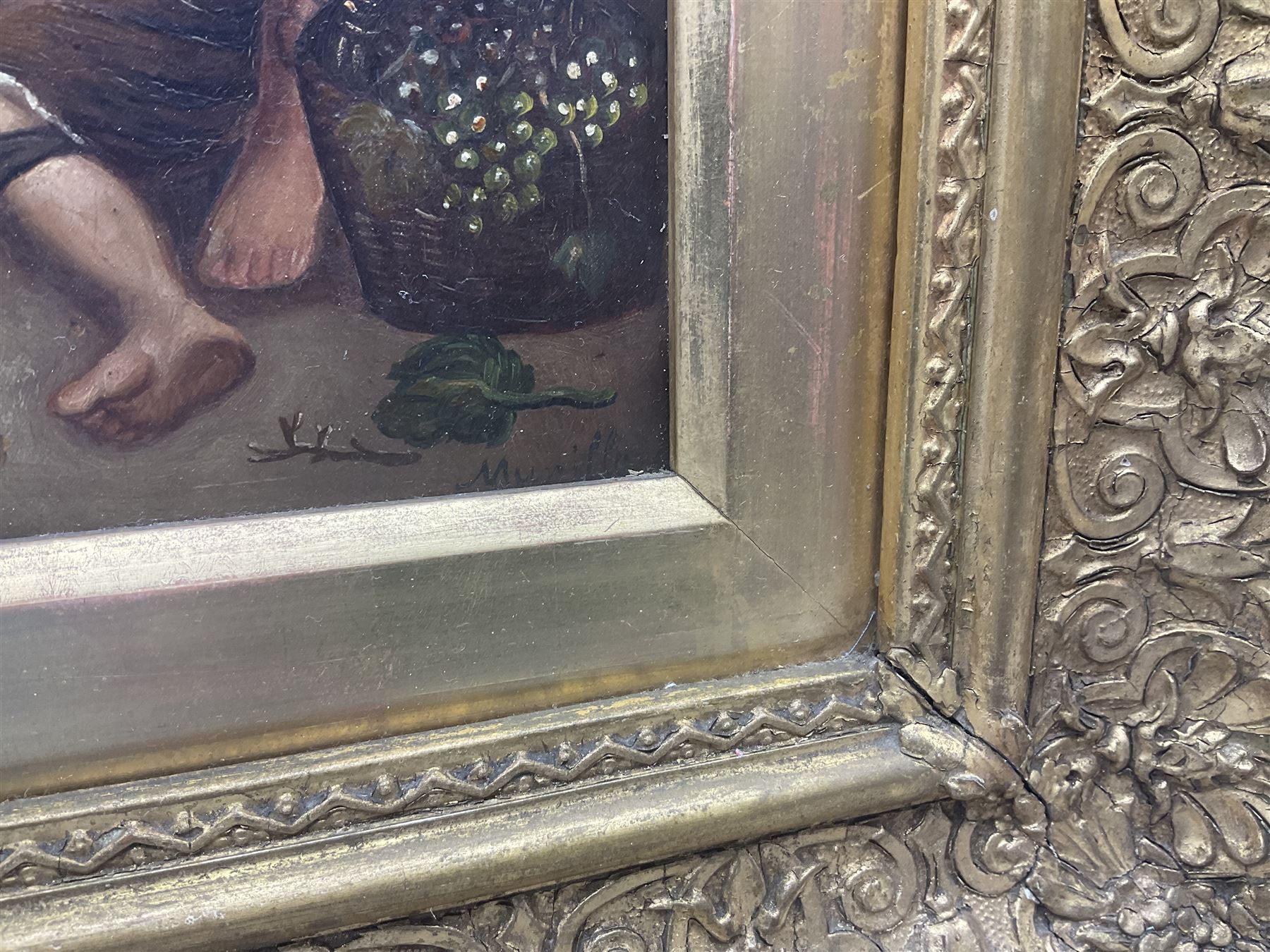 After Bartolomé Esteban Murillo (Spanish 1618-1682): 'Grape and Melon Eaters', oil on tin signed 'Murillo', in ornate gilt frame 19cm x 16cm