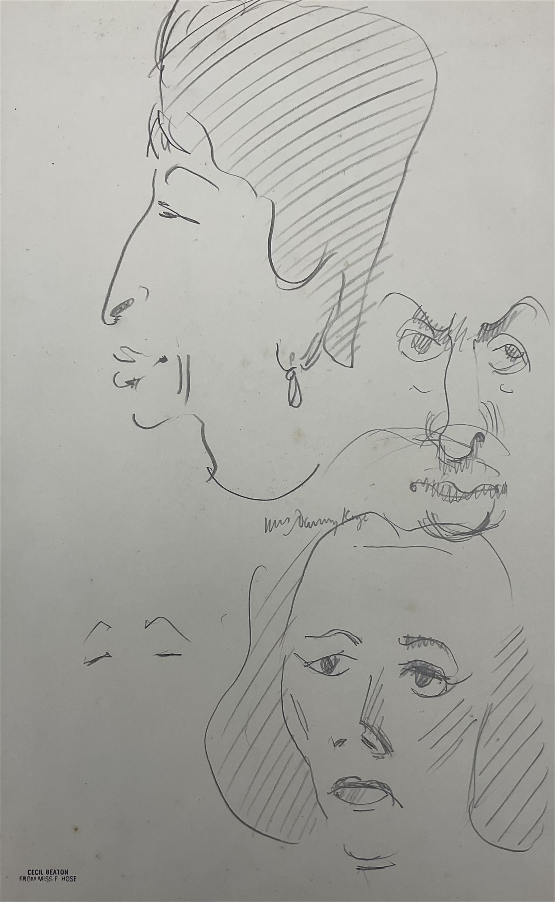 Sir Cecil Beaton CBE (British 1904-1980): 'Mrs Danny Kaye' - Sylvia Fine (1913-1991), pencil sketch titled, with a further portrait sketch indistinctly inscribed verso 32cm x 20cm (mounted) 
Provenance: from the collection of Miss E Hose, Beaton's secretary, stamped l.l.