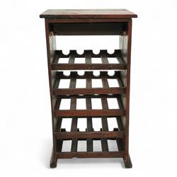 Contemporary hardwood rustic pine wine rack, rectangular top over five slatted tiers with shaped bottle apertures, open sides and plinth base