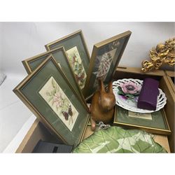 Collection of woven silk framed butterflies, together with gilt wall sconce, copper kettle, cushions and other collectables, in four boxes 