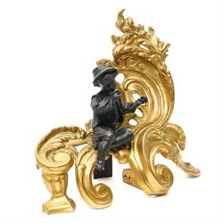 Pair of gilt metal Louis XIV style chenets, mounted with two bronze figures of a boy and girl, H29cm W30cm 