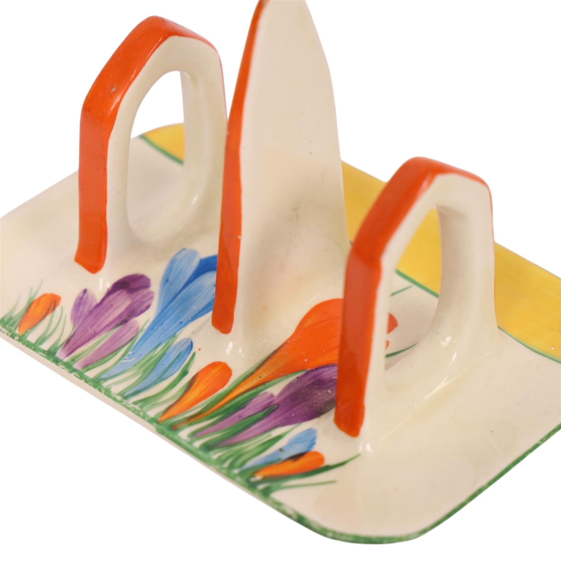Clarice Cliff Autumn Crocus pattern toast rack, with Bizarre and printed marks to base, H9cm, L12cm