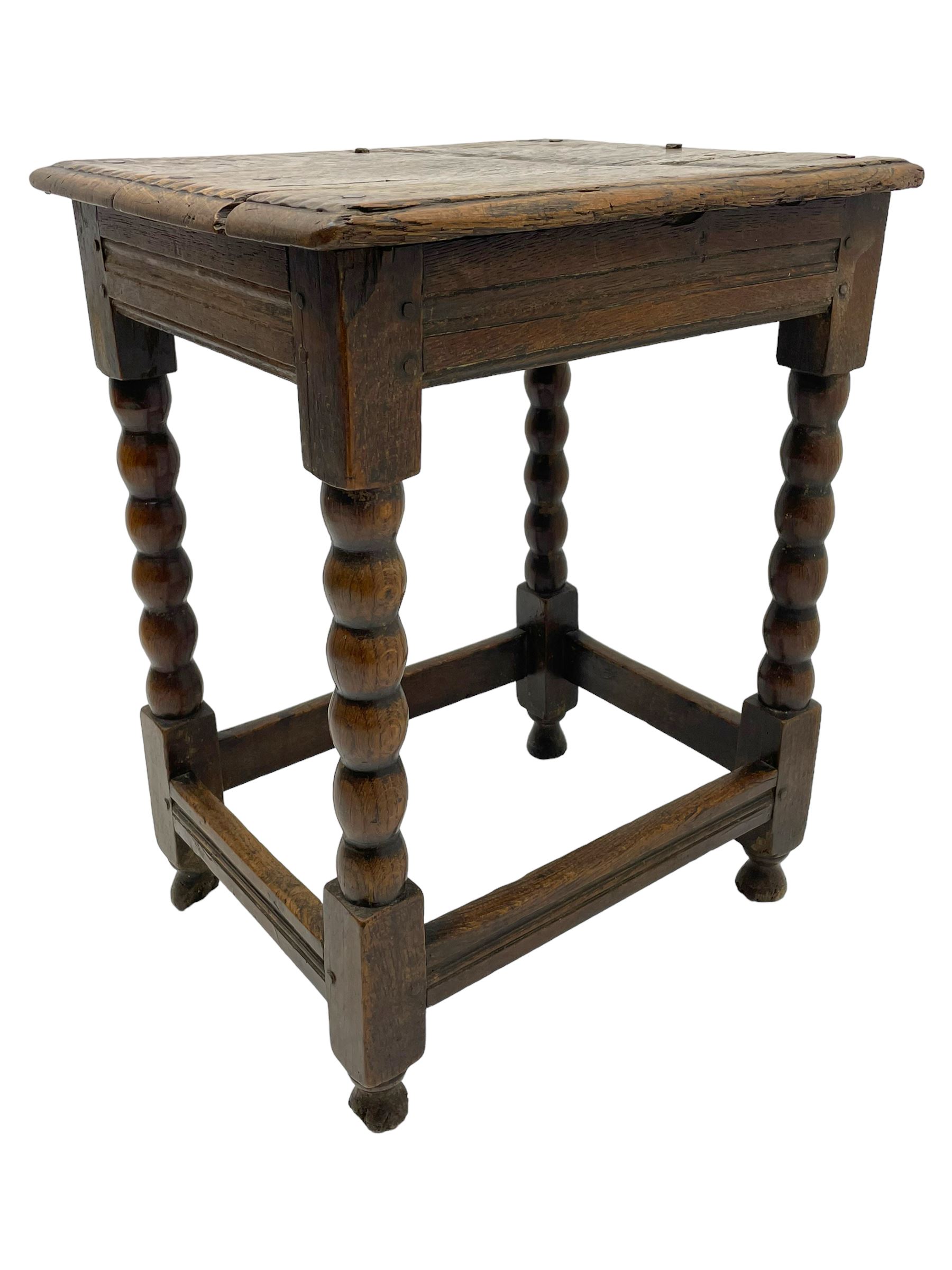 18th century oak joint coffin stool, moulded rectangular top over moulded frieze rails, raised on bobbin turned supports joined by moulded stretchers