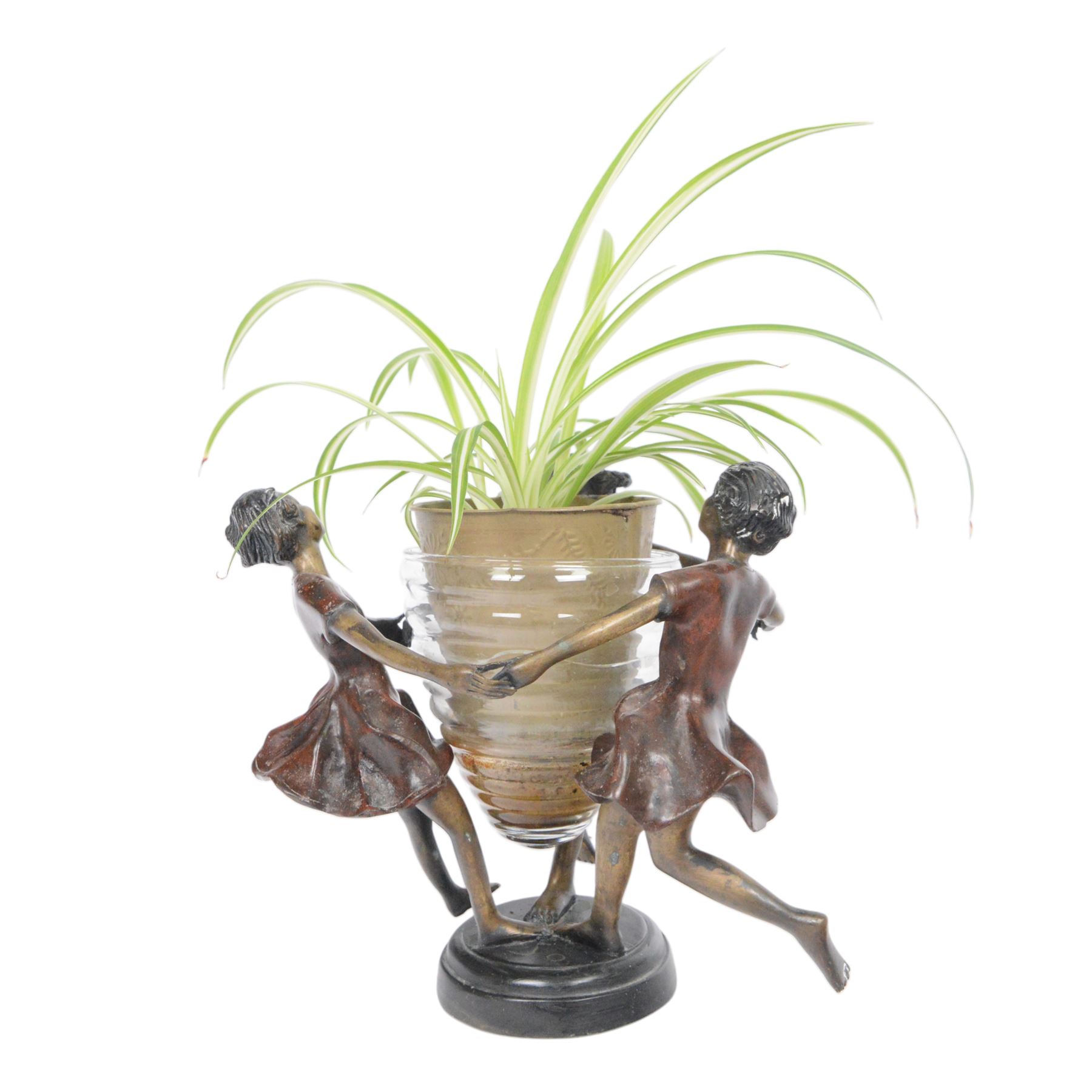 After Edouard Louis Collet: Circle of Three, bronze and glass centrepiece, H22cm