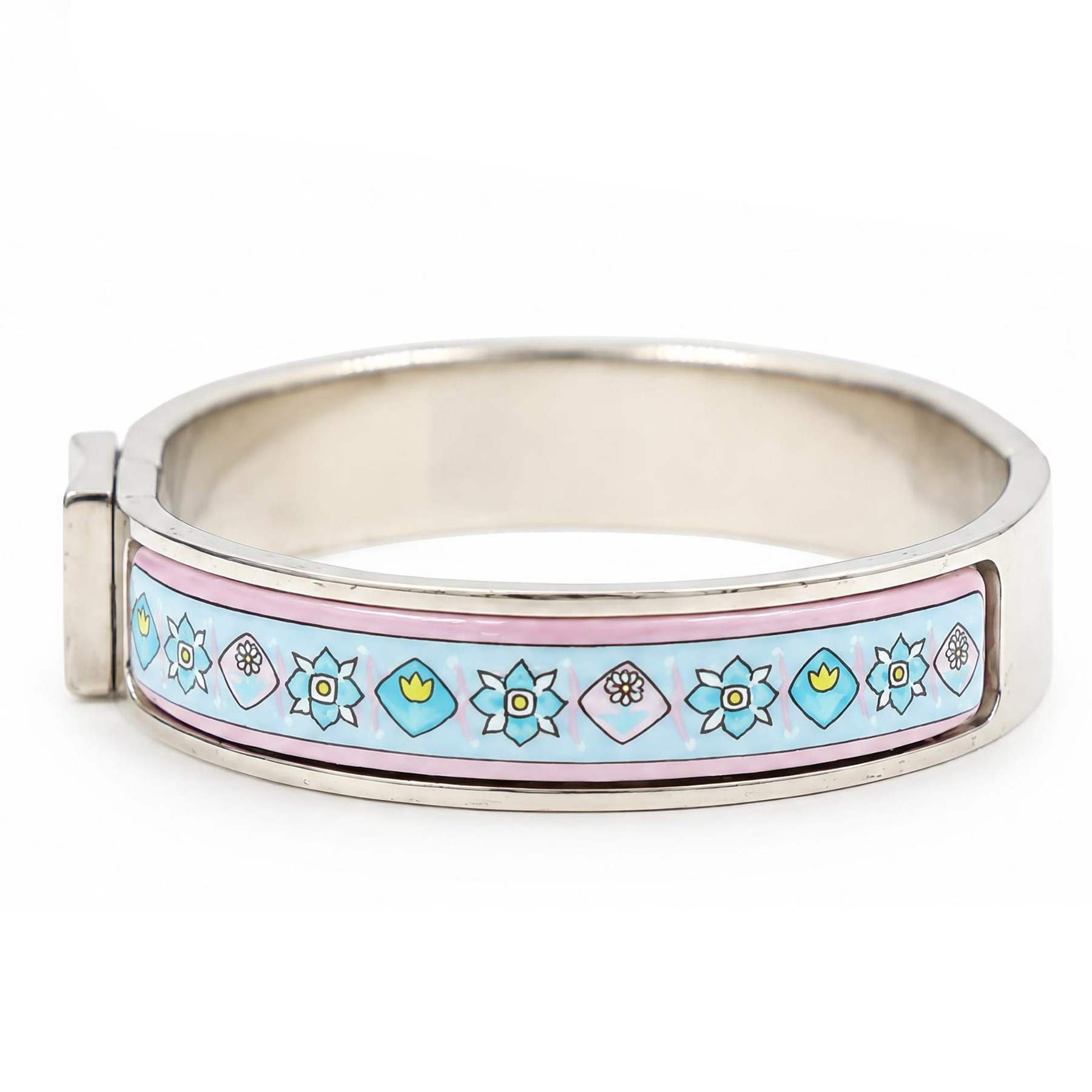 Hermès Clic Clac enamel bracelet, blue and pink flower design, boxed