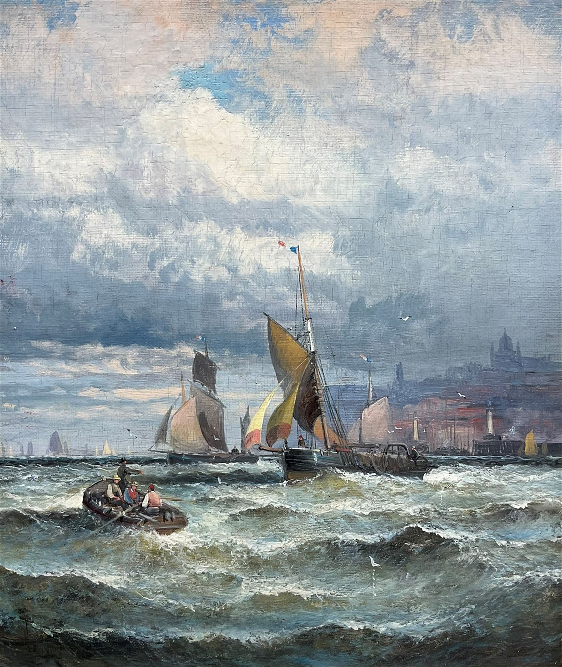 William Anslow Thornley (British fl.1858-1898): Fishing Boats leaving Whitby Harbour, oil on canvas laid on board signed 34cm x 29cm
