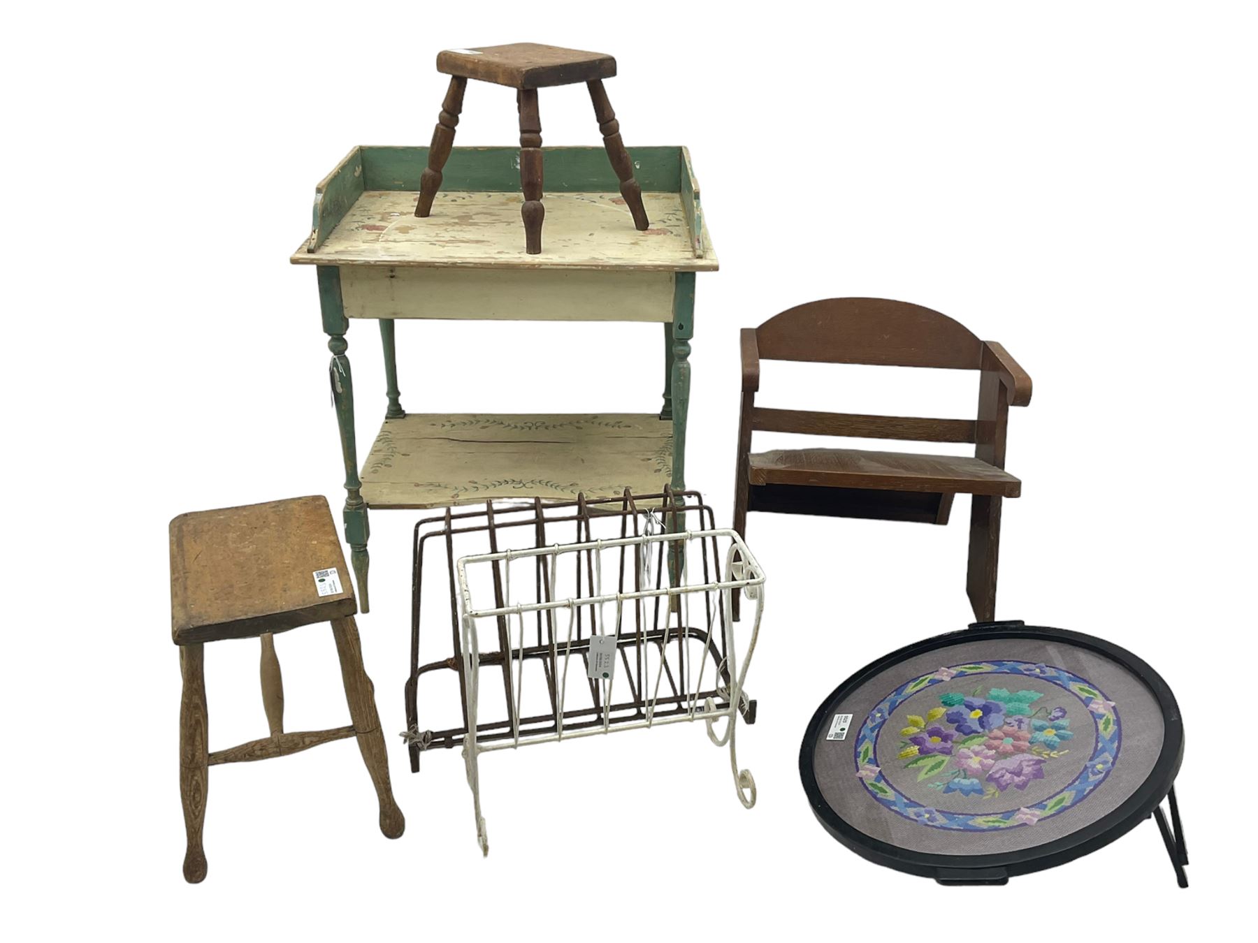 Mid 20th century child's chair, curved backrest and angled armrests (H46cm); painted pine washstand (W67cm, D48cm, H77cm); circular tray with needlepoint inset (D56cm); two stools; two magazine racks (7)
