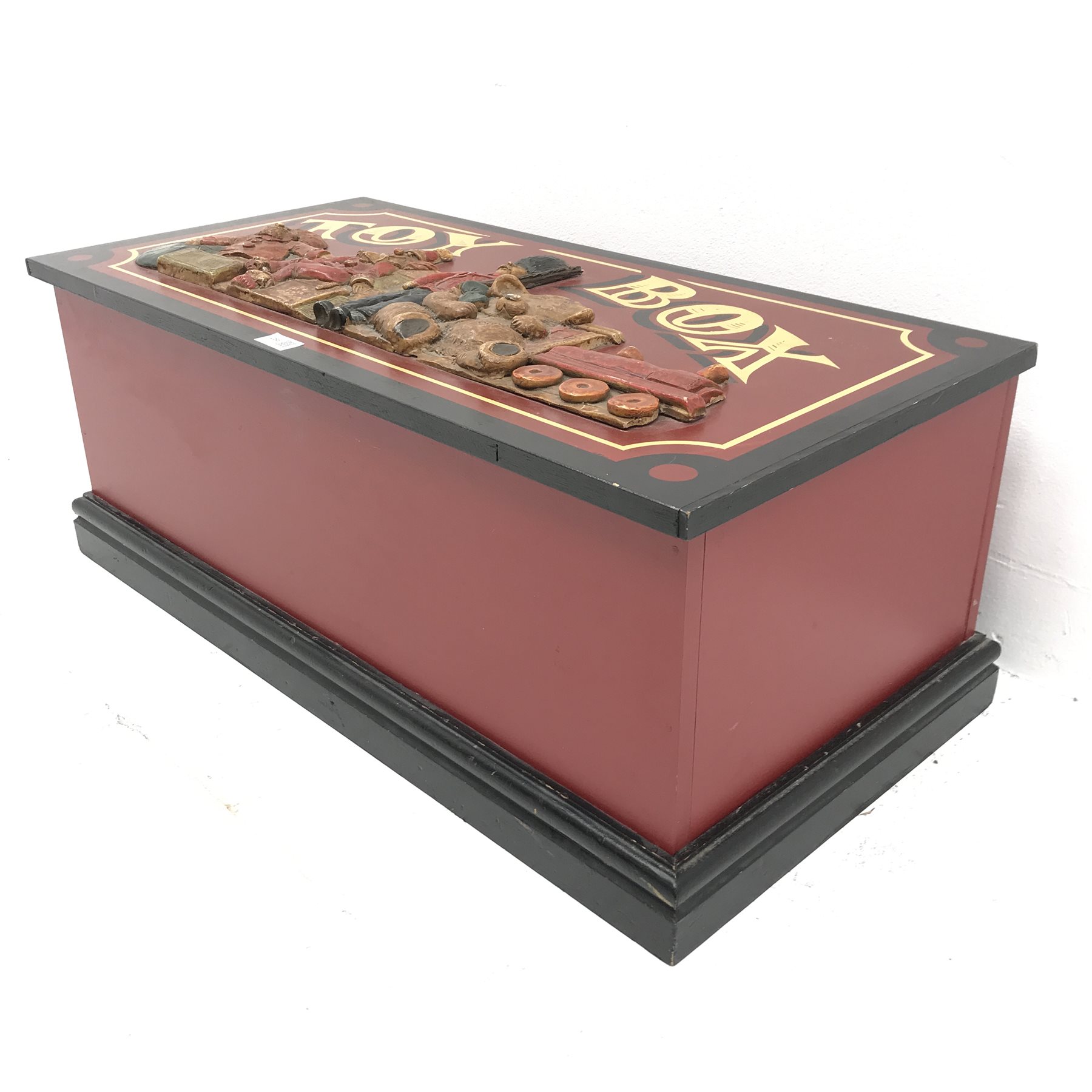 Mid century painted toy box with clown and toy soldier carving, single