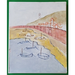 David Barrow (Northern British 1959-): 'The Pier', oil on canvas with cut-out relief laid on board signed, titled and dated December 2014 on artist's studio label verso 40cm x 30cm

