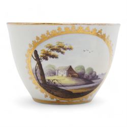 Set of four Pinxton porcelain bute shaped teacups and saucers, circa 1796-1813, pattern no. 58, painted in polychrome with circular landscape panels within gilt husks and sprigs, all saucers numbered 58 beneath, saucer D14cm, teacup H6cm (8)