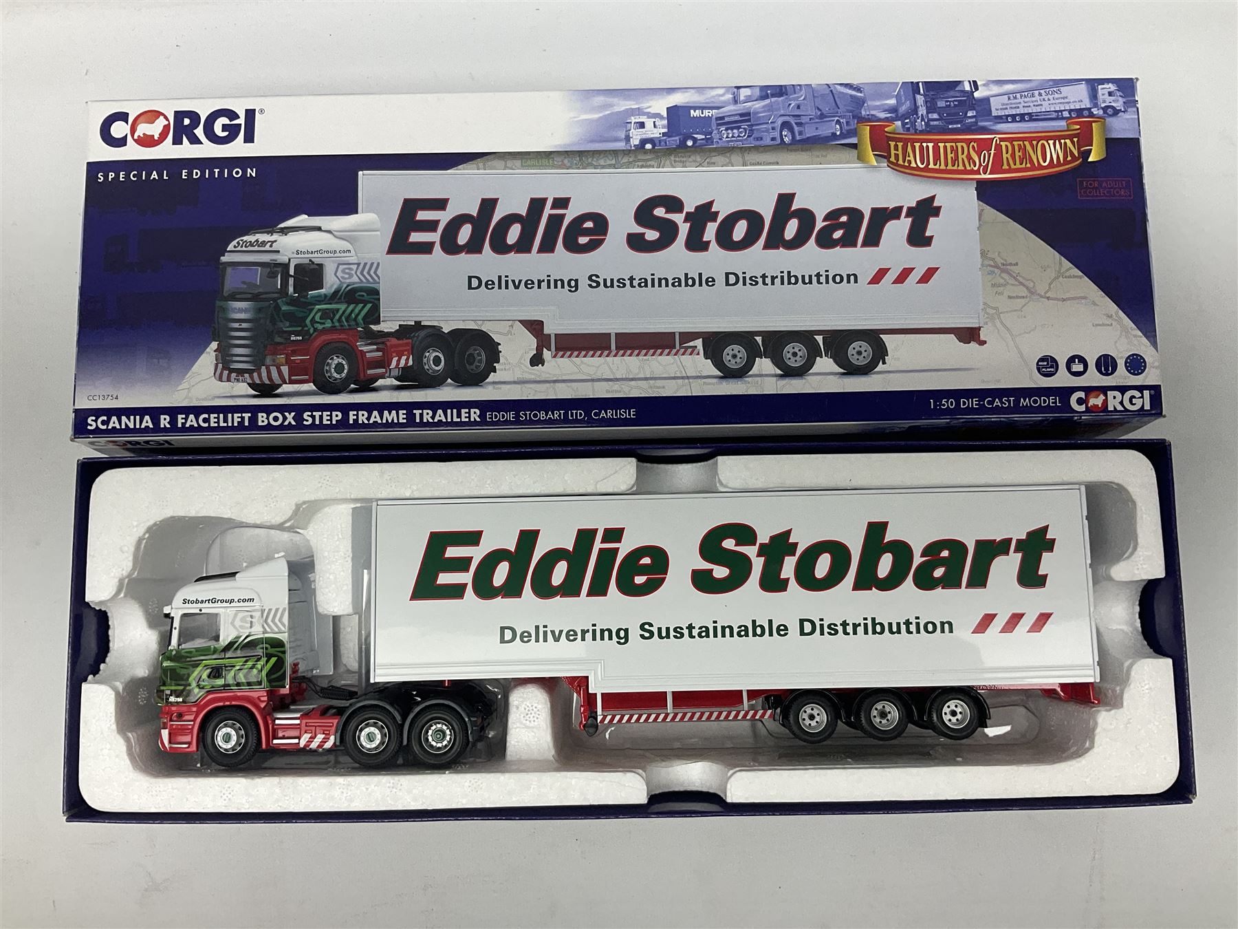 Corgi Eddie Stobart - two special edition Hauliers of Renown; CC13754 Scania R Facelift Box Step Frame Trailer and CC13756 Scania R (Rear Tag) Moving Floor Trailer; and limited edition Hauliers of Renown CC13747 Scania R (Face Lift) Super Curtainside Trailer; all boxed (3)