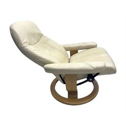 Ekornes Stressless - swivel and reclining armchair upholstered in cream leather, high back and padded armrests, raised on circular base