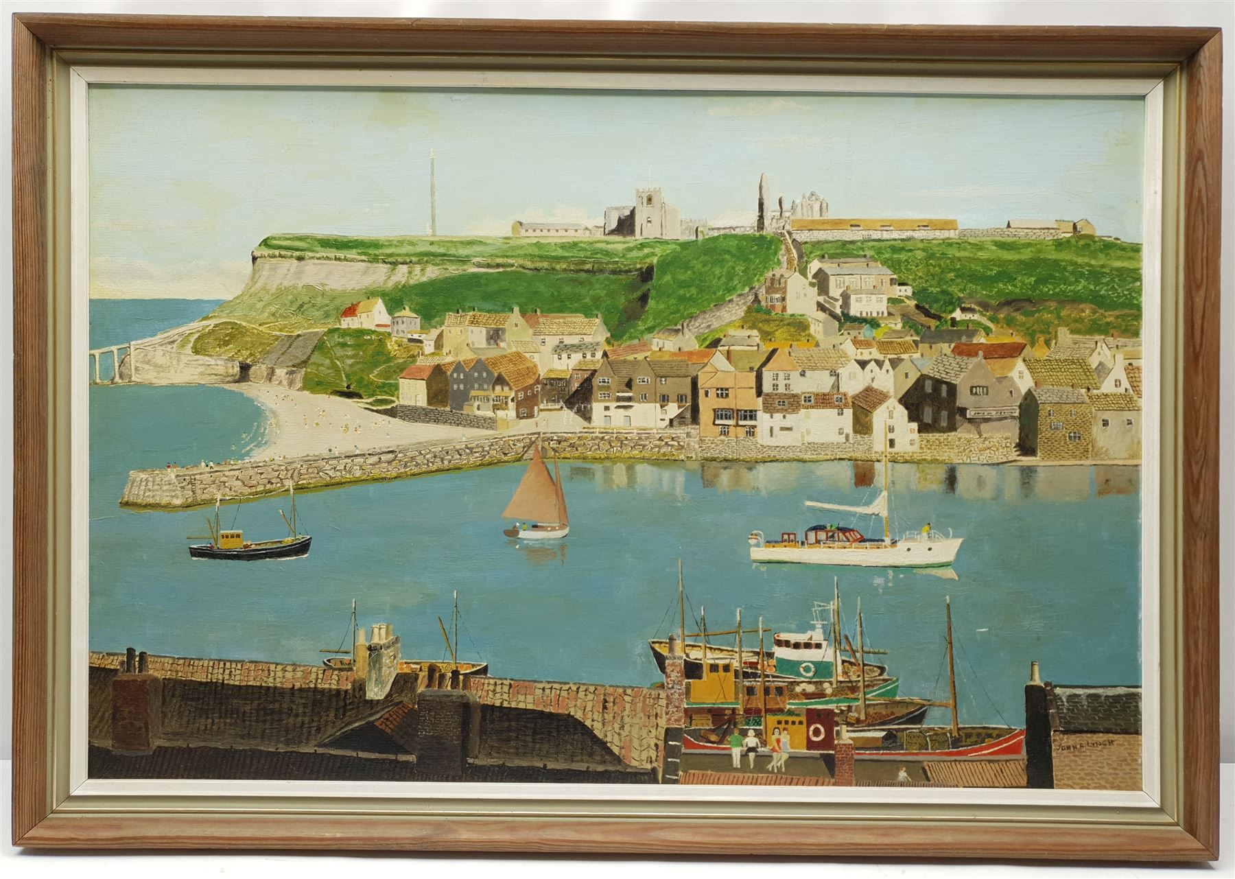 John A Lynch (British 20th century): 'Whitby' East Cliff, oil on board signed, titled and dated 1976 verso 50cm x 75cm