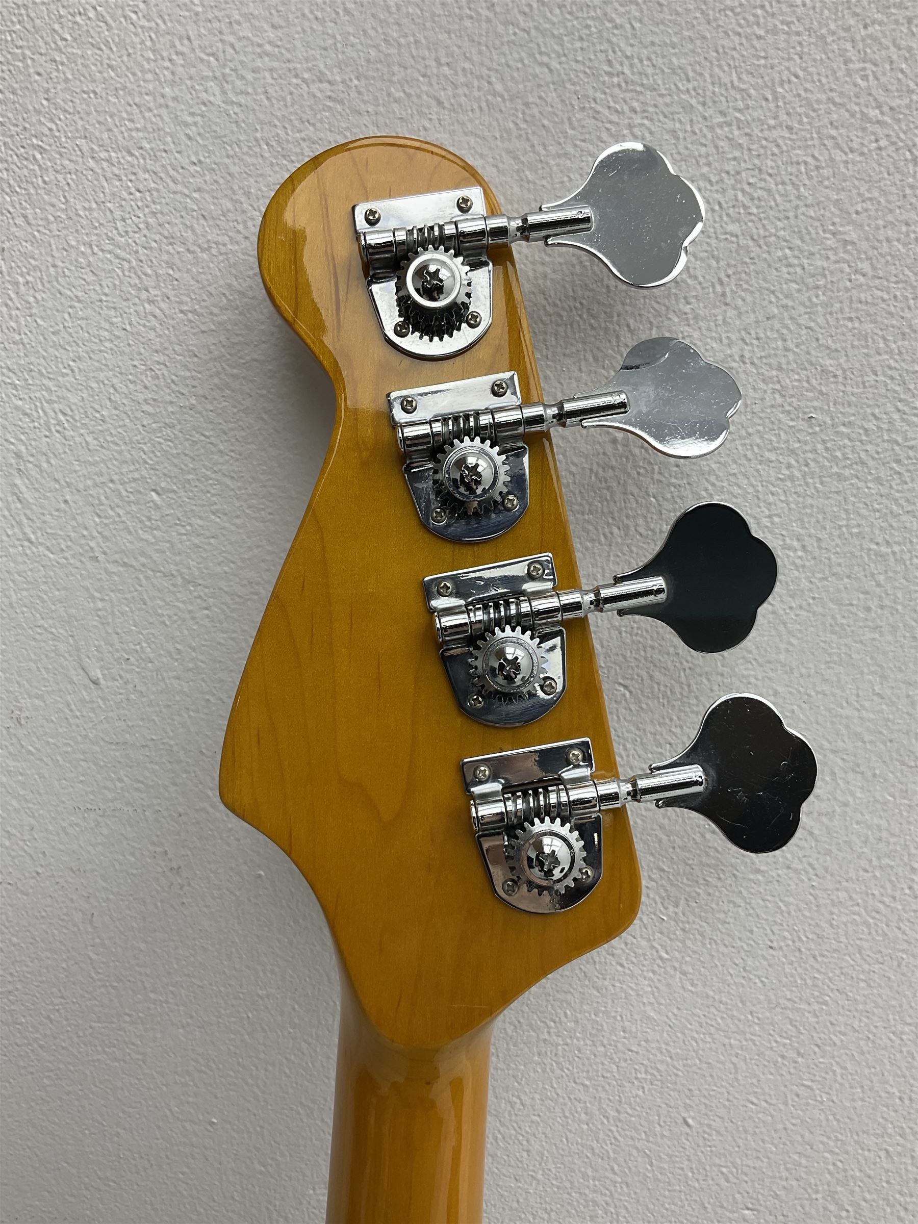 Richwood electric bass guitar in blue, cream and natural finish L117cm; in Fender soft carrying case; together with Behringer Thunderbird Bx108 amplifier date code 0 4 11.