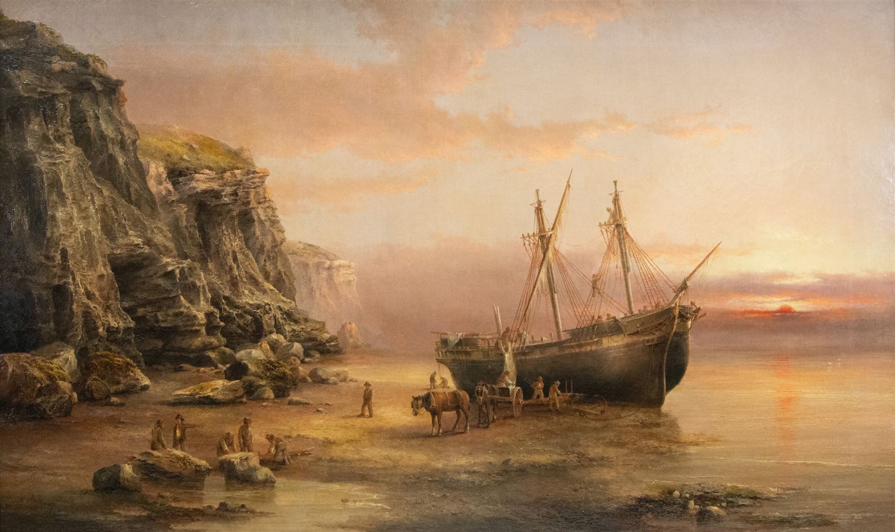 Henry Redmore (British 1820-1887): Unloading a Ship near Flamborough Head, oil on canvas signed and dated 1884, 75cm x 125cm