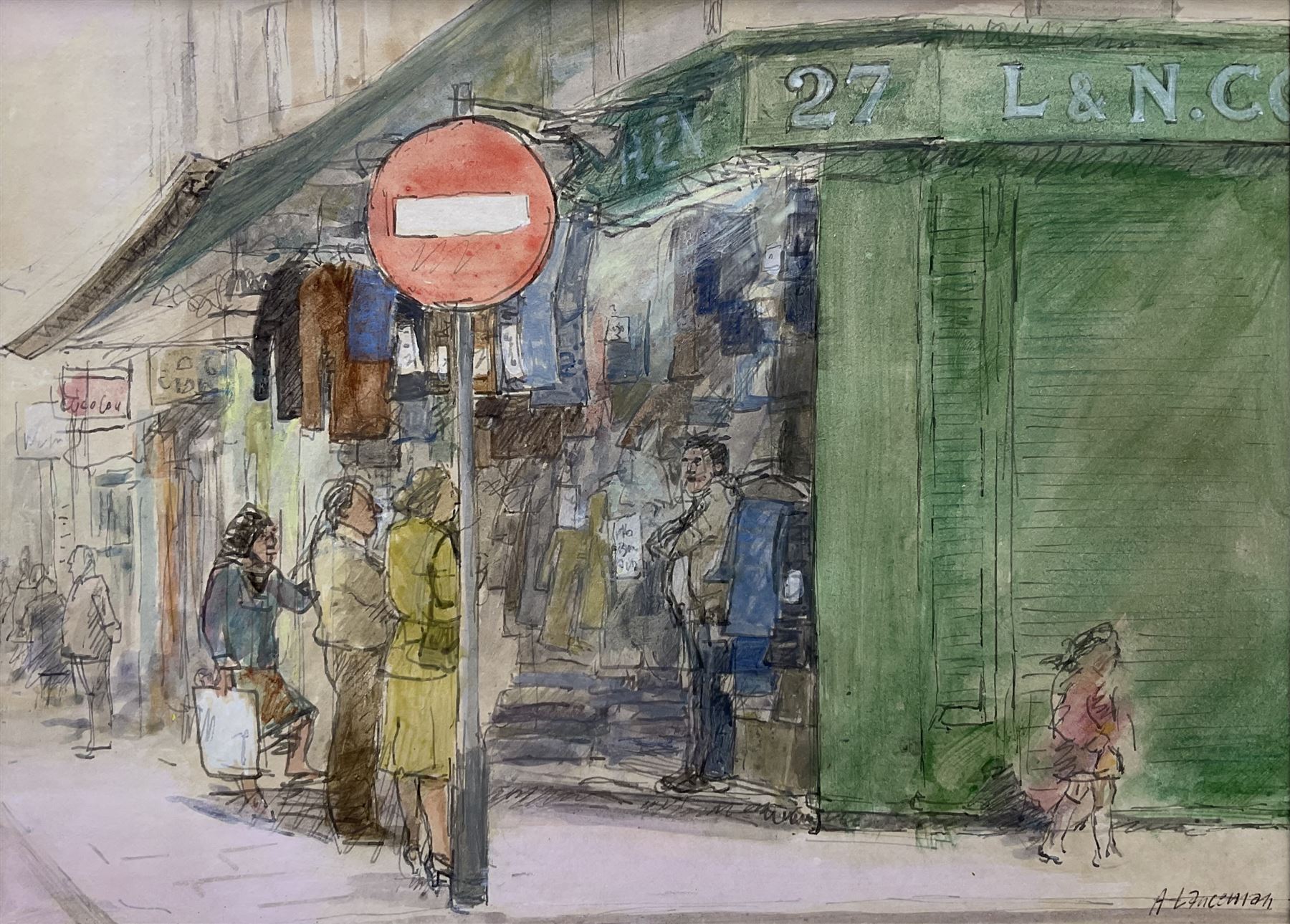 Audrey Lanceman (British 1931-): 'Cohens of Lower Marsh London', watercolour pen and ink signed, inscribed and titled on gallery label verso 14cm x 20cm