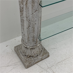 Architectural four shelf glass shelving unit supported by two Corinthian columns, W205cm, H179cm, D30cm