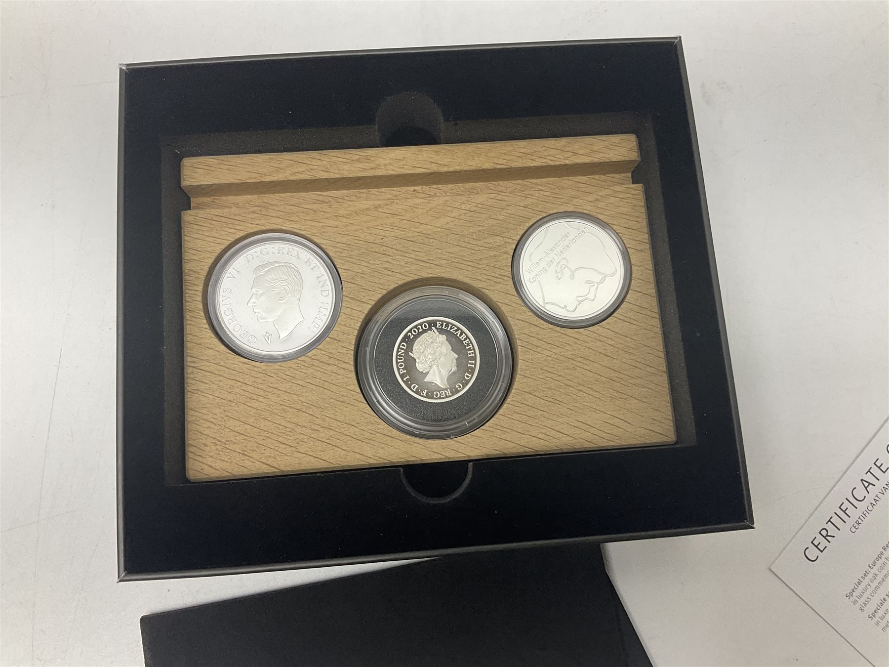 Royal Dutch Mint 'Europe Remembers' silver three coin set, comprised of Royal Canadian Mint 2020 one dollar '75th Anniversary of V-E Day', The Royal Mint 2020 one pound '75th Anniversary of VE Day' and Royal Dutch Mint 2020 five euros '75 Years of Freedom', cased with certificate
